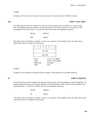 JNZ
JP
Chapter 3. Instruction Set
Example:
Examples of the variations of the jump instruction appear in the description of the JPO instruction.
JUMP IF NOT ZERO
The JNZ instruction tests the setting of the zero flag. If the contents of the accumulator are not zero (zero
flag = 0), program execution resumes at the address specified in the JNZ instruction. If the contents of the
accumulator are zero (zero flag = 1), execution continues with the next sequential instruction.
Opcode Operand
JNZ address
The address may be specified as a number, a label, or an expression. The assembler inverts the high and low
address bytes when it assembles the instruction.
1 1 0
Cycles:
States:
Addressing:
Flags:
Example:
0 0 0 1 0
lowaddr
high addr
3 (2 or 3 on 8085)
10 (7 or 10 on 8085)
immediate
none
Examples of the variations of the jump instruction appear in the description of the JPO instruction.
JUMP IF POSITIVE
The JP instruction tests the setting of the sign flag. If the contents of the accumulator are positive (sign flag = 0),
program execution resumes at the address specified in the JP instruction. If the contents of the accumulator are
minus (sign flag = 1), execution continues with the next sequential instruction.
Opcode Operand
JP address
'"The address may be specified as a nu'mber, a label, or an expression. The assembler inverts the high and low order
address bytes when it assembles the instruction.
3-29
 