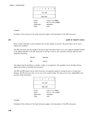 Chapter 3. Instruction Set
JPE
3-30
1 1 1
Cycles:
States:
Addressing:
Flags:
Example:
1 0 0 1 0
lowaddr
high addr
3 (2 or 3 on 8085)
10 (7 or 10 on 8085)
immediate
none
Examples of the variations of the jump instruction appear in the description of the JPO instruction.
JUMP IF PARITY EVEN
Parity is even if the byte in the accumulator has an even number of one bits. The parity flag is set to one to
indicate this condition.
The JPE instruction tests the setting of the parity flag. If the parity flag is set to one, program execution resumes
at the address specified in the JPE instruction. If the flag is reset to zero, execution continues with the next
sequential instruction.
Opcode Operand
JPE address
The address may be specified as a number, a label, or an expression. The assembler inverts the high and low
address bytes when it assembles the instruction.
The JPE and JPO (jump if parity odd) instructions are especially useful for testing the parity of input data.
However, the IN instruction docs not set any of the condition flags. The flags can be set by adding OOH to the
contents of the accumulator.
1 I 1
Cycles:
States:
Addressing:
Flags:
Example:
0 1 0 1 0
lowaddr
high addr
3 (2 or 3 on 8085)
10 (7 or lOon 8085)
immediate
none
Examples of the variations of the jump instruction appear in the description of the JPO instruction.
 