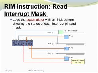 RIM instruction: Read
Interrupt Mask
Load the accumulator with an 8-bit pattern
showing the status of each interrupt pin and
mask.
54
Interrupt Enable
Flip Flop
RST 5.5
RST 6.5
RST 7.5
M 5.5
M 6.5
M 7.5
RST7.5 Memory
SDI
P7.5
P6.5
P5.5
IE
M7.5
M6.5
M5.5
01234567
17/04/2013 Punjab Edusat society
 