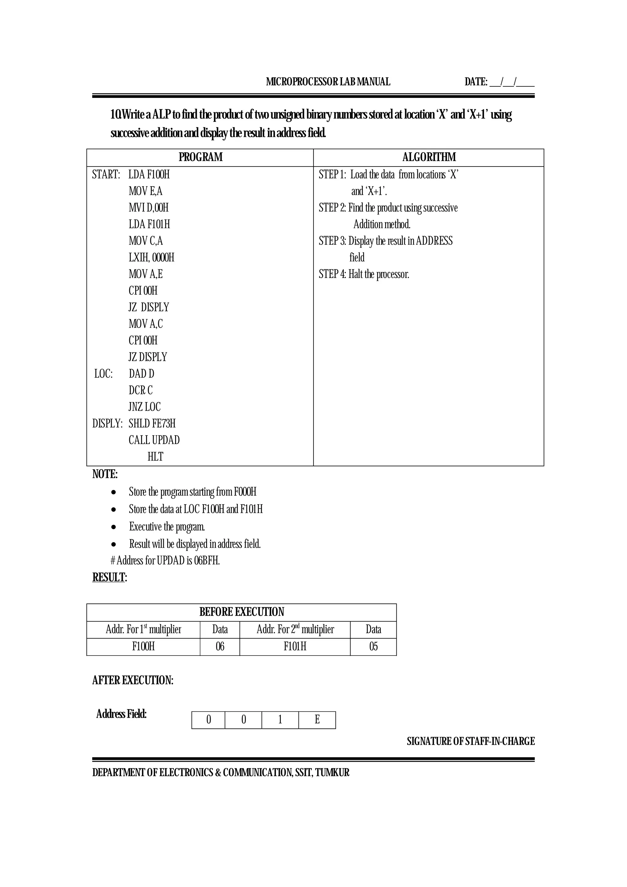 MICROPROCESSOR LAB MANUAL DATE: ___/___/_____
SIGNATURE OF STAFF-IN-CHARGE
DEPARTMENT OF ELECTRONICS & COMMUNICATION, SSIT, TUMKUR
10.Write a ALP to find the product of two unsigned binary numbers stored at location ‘X’ and ‘X+1’ using
successive addition and display the result in address field.
PROGRAM ALGORITHM
START: LDA F100H
MOV E,A
MVI D,00H
LDA F101H
MOV C,A
LXIH, 0000H
MOV A,E
CPI 00H
JZ DISPLY
MOV A,C
CPI 00H
JZ DISPLY
LOC: DAD D
DCR C
JNZ LOC
DISPLY: SHLD FE73H
CALL UPDAD
HLT
STEP 1: Load the data from locations ‘X’
and ‘X+1’.
STEP 2: Find the product using successive
Addition method.
STEP 3: Display the result in ADDRESS
field
STEP 4: Halt the processor.
NOTE:
• Store the program starting from F000H
• Store the data at LOC F100H and F101H
• Executive the program.
• Result will be displayed in address field.
# Address for UPDAD is 06BFH.
RESULT:
BEFORE EXECUTION
Addr. For 1st
multiplier Data Addr. For 2nd
multiplier Data
F100H 06 F101H 05
AFTER EXECUTION:
Address Field: 0 0 1 E
 
