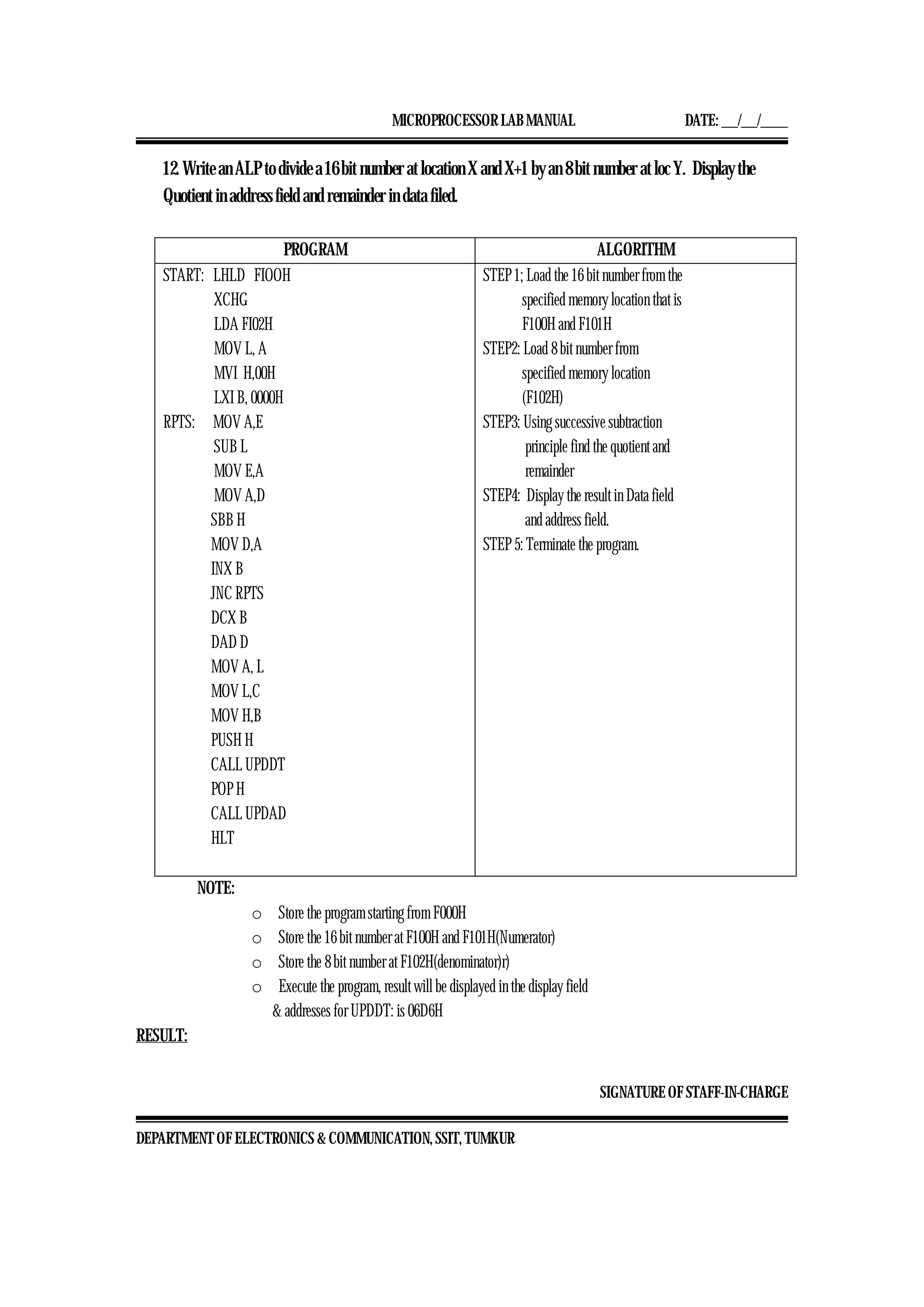 MICROPROCESSOR LAB MANUAL DATE: ___/___/_____
SIGNATURE OF STAFF-IN-CHARGE
DEPARTMENT OF ELECTRONICS & COMMUNICATION, SSIT, TUMKUR
12. Write an ALP to divide a 16 bit number at location X and X+1 by an 8 bit number at loc Y. Display the
Quotient in address field and remainder in data filed.
PROGRAM ALGORITHM
START: LHLD FIOOH
XCHG
LDA FI02H
MOV L, A
MVI H,00H
LXI B, 0000H
RPTS: MOV A,E
SUB L
MOV E,A
MOV A,D
SBB H
MOV D,A
INX B
JNC RPTS
DCX B
DAD D
MOV A, L
MOV L,C
MOV H,B
PUSH H
CALL UPDDT
POP H
CALL UPDAD
HLT
STEP 1; Load the 16 bit number from the
specified memory location that is
F100H and F101H
STEP2: Load 8 bit number from
specified memory location
(F102H)
STEP3: Using successive subtraction
principle find the quotient and
remainder
STEP4: Display the result in Data field
and address field.
STEP 5: Terminate the program.
NOTE:
o Store the program starting from F000H
o Store the 16 bit number at F100H and F101H(Numerator)
o Store the 8 bit number at F102H(denominator)r)
o Execute the program, result will be displayed in the display field
& addresses for UPDDT: is 06D6H
RESULT:
 