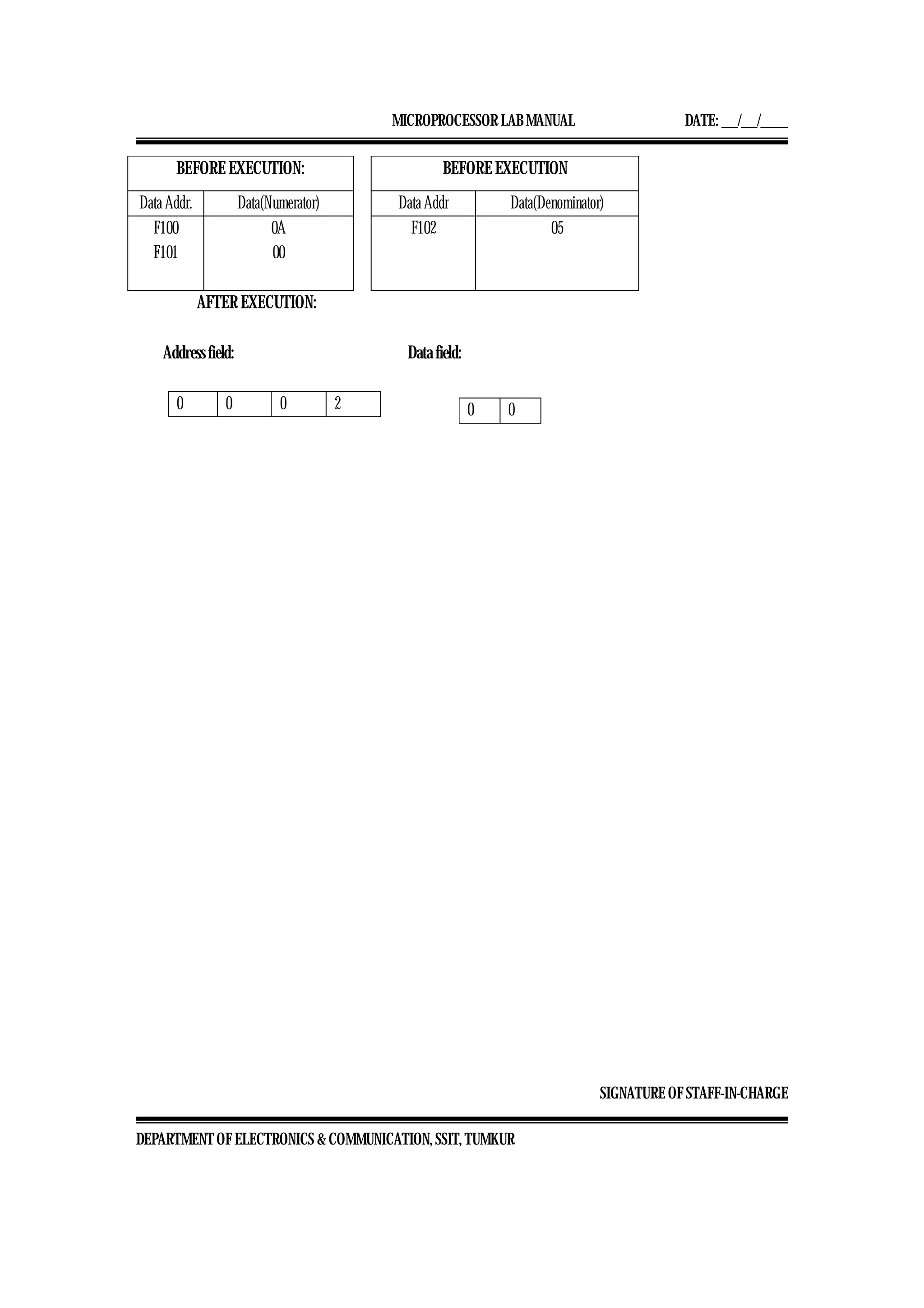 MICROPROCESSOR LAB MANUAL DATE: ___/___/_____
SIGNATURE OF STAFF-IN-CHARGE
DEPARTMENT OF ELECTRONICS & COMMUNICATION, SSIT, TUMKUR
BEFORE EXECUTION: BEFORE EXECUTION
Data Addr. Data(Numerator) Data Addr Data(Denominator)
F100
F101
0A
00
F102 05
AFTER EXECUTION:
Address field: Data field:
0 0 0 2 0 0
 