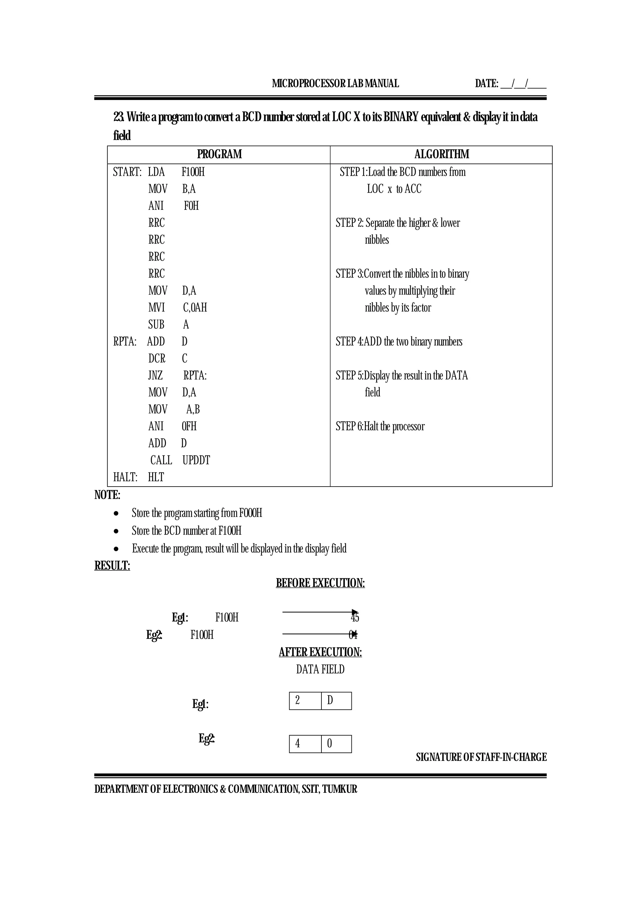 MICROPROCESSOR LAB MANUAL DATE: ___/___/_____
SIGNATURE OF STAFF-IN-CHARGE
DEPARTMENT OF ELECTRONICS & COMMUNICATION, SSIT, TUMKUR
23. Write a program to convert a BCD number stored at LOC X to its BINARY equivalent & display it in data
field
PROGRAM ALGORITHM
START: LDA F100H
MOV B,A
ANI F0H
RRC
RRC
RRC
RRC
MOV D,A
MVI C,0AH
SUB A
RPTA: ADD D
DCR C
JNZ RPTA:
MOV D,A
MOV A,B
ANI 0FH
ADD D
CALL UPDDT
HALT: HLT
STEP 1:Load the BCD numbers from
LOC x to ACC
STEP 2: Separate the higher & lower
nibbles
STEP 3:Convert the nibbles in to binary
values by multiplying their
nibbles by its factor
STEP 4:ADD the two binary numbers
STEP 5:Display the result in the DATA
field
STEP 6:Halt the processor
NOTE:
• Store the program starting from F000H
• Store the BCD number at F100H
• Execute the program, result will be displayed in the display field
RESULT:
BEFORE EXECUTION:
Eg1: F100H 45
Eg2: F100H 64
AFTER EXECUTION:
DATA FIELD
Eg1:
Eg2:
2 D
4 0
 