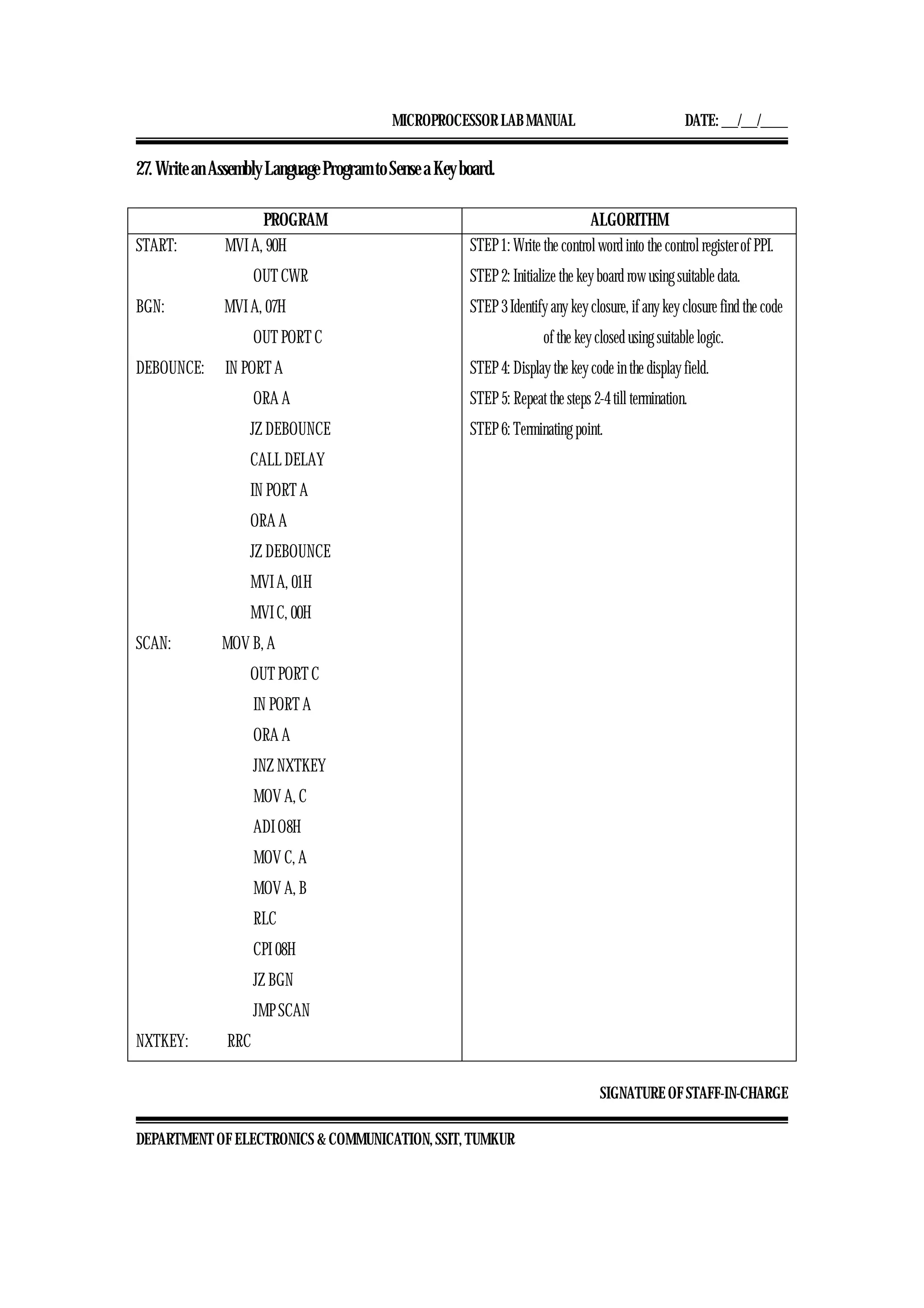 MICROPROCESSOR LAB MANUAL DATE: ___/___/_____
SIGNATURE OF STAFF-IN-CHARGE
DEPARTMENT OF ELECTRONICS & COMMUNICATION, SSIT, TUMKUR
27. Write an Assembly Language Program to Sense a Key board.
PROGRAM ALGORITHM
START: MVI A, 90H
OUT CWR
BGN: MVI A, 07H
OUT PORT C
DEBOUNCE: IN PORT A
ORA A
JZ DEBOUNCE
CALL DELAY
IN PORT A
ORA A
JZ DEBOUNCE
MVI A, 01H
MVI C, 00H
SCAN: MOV B, A
OUT PORT C
IN PORT A
ORA A
JNZ NXTKEY
MOV A, C
ADI O8H
MOV C, A
MOV A, B
RLC
CPI 08H
JZ BGN
JMP SCAN
NXTKEY: RRC
STEP 1: Write the control word into the control register of PPI.
STEP 2: Initialize the key board row using suitable data.
STEP 3 Identify any key closure, if any key closure find the code
of the key closed using suitable logic.
STEP 4: Display the key code in the display field.
STEP 5: Repeat the steps 2-4 till termination.
STEP 6: Terminating point.
 