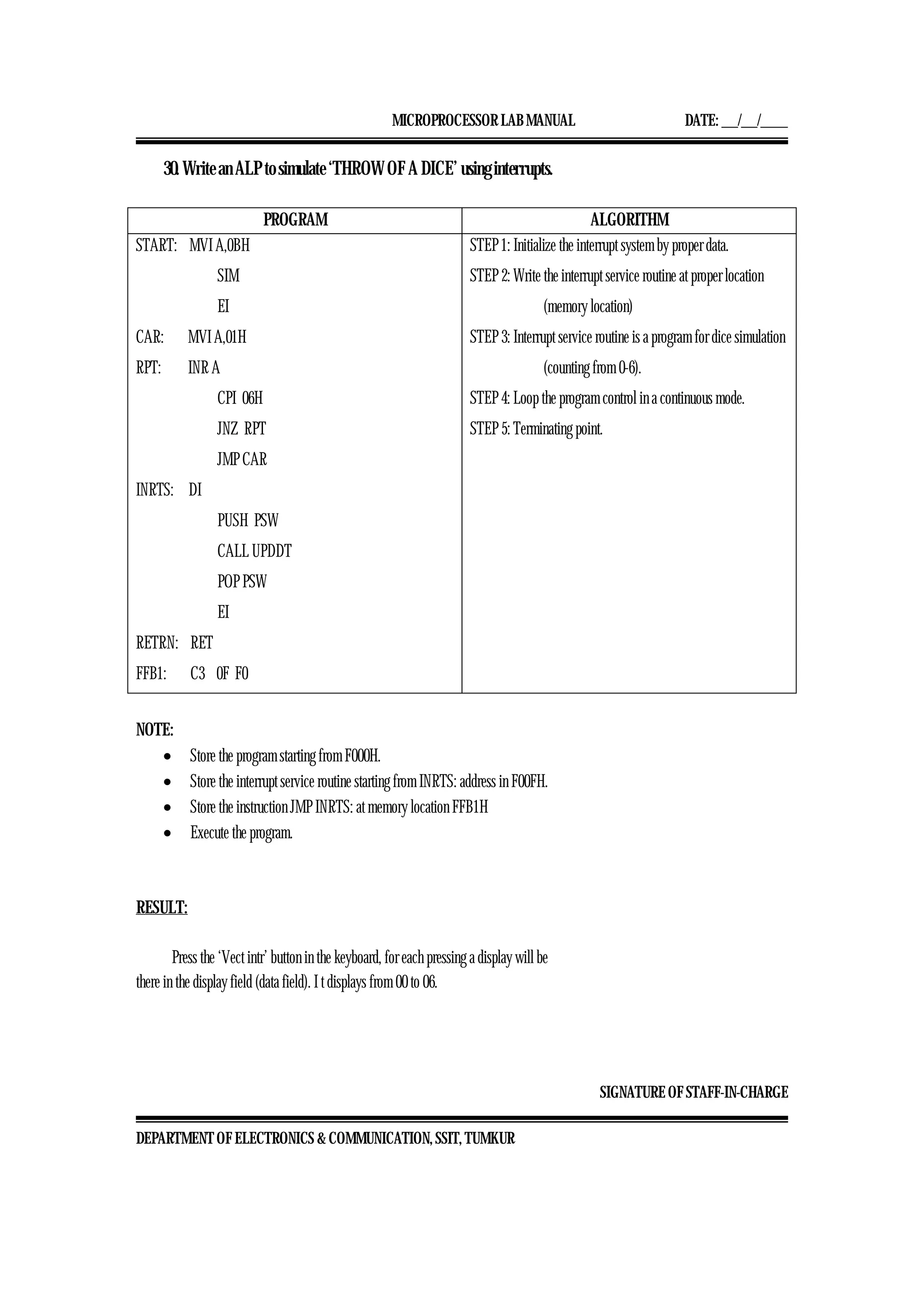 MICROPROCESSOR LAB MANUAL DATE: ___/___/_____
SIGNATURE OF STAFF-IN-CHARGE
DEPARTMENT OF ELECTRONICS & COMMUNICATION, SSIT, TUMKUR
30. Write an ALP to simulate ‘THROW OF A DICE’ using interrupts.
PROGRAM ALGORITHM
START: MVI A,0BH
SIM
EI
CAR: MVI A,01H
RPT: INR A
CPI 06H
JNZ RPT
JMP CAR
INRTS: DI
PUSH PSW
CALL UPDDT
POP PSW
EI
RETRN: RET
FFB1: C3 0F F0
STEP 1: Initialize the interrupt system by proper data.
STEP 2: Write the interrupt service routine at proper location
(memory location)
STEP 3: Interrupt service routine is a program for dice simulation
(counting from 0-6).
STEP 4: Loop the program control in a continuous mode.
STEP 5: Terminating point.
NOTE:
• Store the program starting from F000H.
• Store the interrupt service routine starting from INRTS: address in F00FH.
• Store the instruction JMP INRTS: at memory location FFB1H
• Execute the program.
RESULT:
Press the ‘Vect intr’ button in the keyboard, for each pressing a display will be
there in the display field (data field). I t displays from 00 to 06.
 