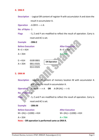 Prashant Sharma, Lecturer, ET&T, MMGGP, Rajnandgaon (C.G.) Page 3
4. ORA R
Description - Logical OR content of register R with accumulator A and store the
result in accumulator A.
Operation - A OR R ----> A
No. of Bytes- 1
Flags - S, Z and P are modified to reflect the result of operation. Carry is
reset and AC is set.
Example - ORA E
Before Execution After Execution
R= E = 41H R= E = 41H
A = 35H A = 75H
E = 41H 0100 0001
A = 35H 0011 0101
0111 0101
5. ORA M
Description - Logical OR content of memory location M with accumulator A
and store the result in accumulator A.
Operation - A OR M ----> A OR A OR (HL) ----> A
No. of Bytes- 1
Flags - S, Z and P are modified to reflect the result of operation. Carry is
reset and AC is set.
Example - ORA M
Before Execution After Execution
M= (HL) = (1200) = 41H M= (HL) = (1200) = 41H
A = 35H A = 75H
Note: - OR operation is performed same as ORA R.
OR Operation
 