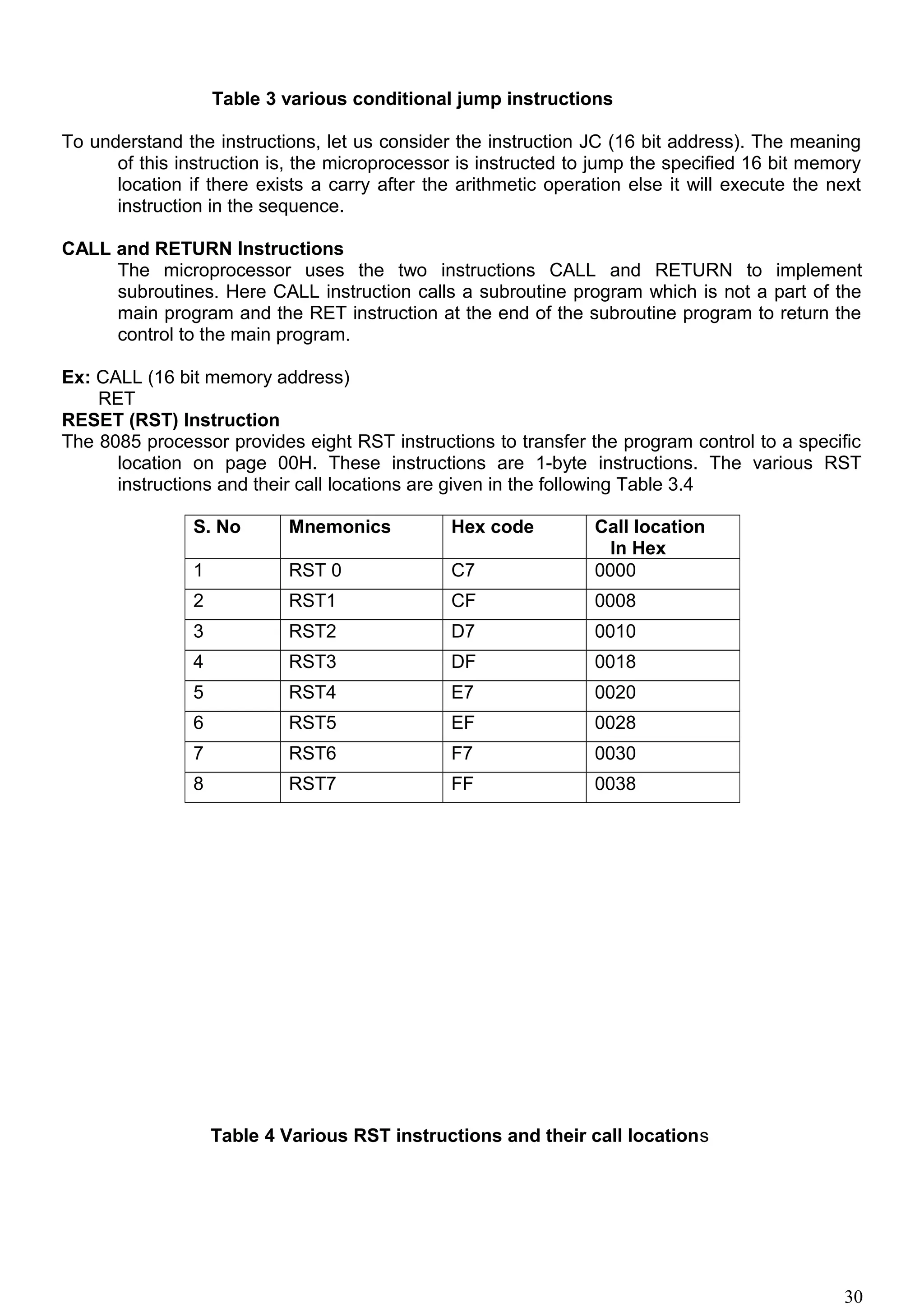 Table 3 various conditional jump instructions
To understand the instructions, let us consider the instruction JC (16 bit address). The meaning
of this instruction is, the microprocessor is instructed to jump the specified 16 bit memory
location if there exists a carry after the arithmetic operation else it will execute the next
instruction in the sequence.
CALL and RETURN Instructions
The microprocessor uses the two instructions CALL and RETURN to implement
subroutines. Here CALL instruction calls a subroutine program which is not a part of the
main program and the RET instruction at the end of the subroutine program to return the
control to the main program.
Ex: CALL (16 bit memory address)
RET
RESET (RST) Instruction
The 8085 processor provides eight RST instructions to transfer the program control to a specific
location on page 00H. These instructions are 1-byte instructions. The various RST
instructions and their call locations are given in the following Table 3.4
Table 4 Various RST instructions and their call locations
S. No Mnemonics Hex code Call location
In Hex
1 RST 0 C7 0000
2 RST1 CF 0008
3 RST2 D7 0010
4 RST3 DF 0018
5 RST4 E7 0020
6 RST5 EF 0028
7 RST6 F7 0030
8 RST7 FF 0038
30
 