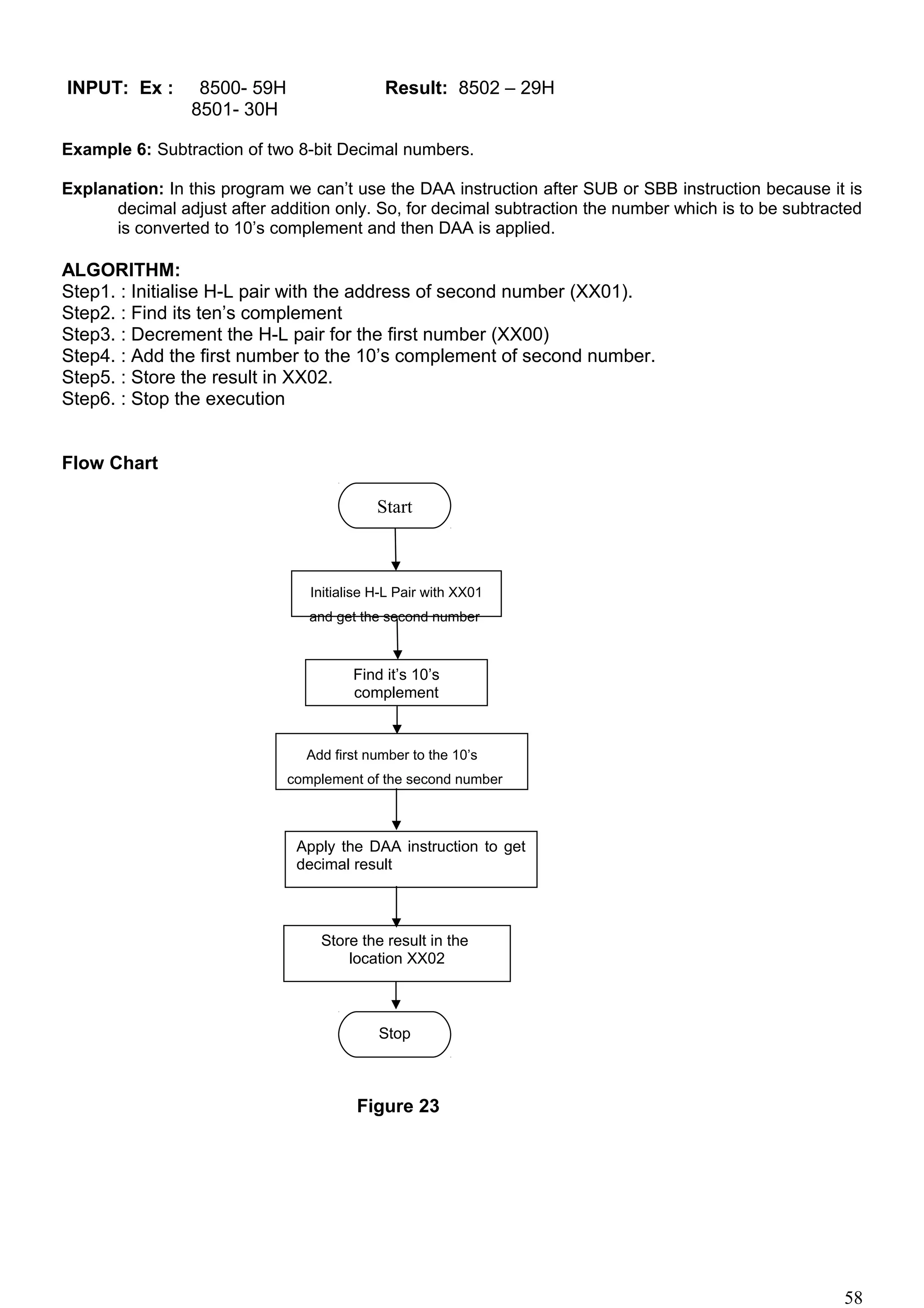 INPUT: Ex : 8500- 59H Result: 8502 – 29H
8501- 30H
Example 6: Subtraction of two 8-bit Decimal numbers.
Explanation: In this program we can’t use the DAA instruction after SUB or SBB instruction because it is
decimal adjust after addition only. So, for decimal subtraction the number which is to be subtracted
is converted to 10’s complement and then DAA is applied.
ALGORITHM:
Step1. : Initialise H-L pair with the address of second number (XX01).
Step2. : Find its ten’s complement
Step3. : Decrement the H-L pair for the first number (XX00)
Step4. : Add the first number to the 10’s complement of second number.
Step5. : Store the result in XX02.
Step6. : Stop the execution
Flow Chart
Figure 23
58
Start
Initialise H-L Pair with XX01
and get the second number
Find it’s 10’s
complement
Add first number to the 10’s
complement of the second number
Apply the DAA instruction to get
decimal result
Stop
Store the result in the
location XX02
 