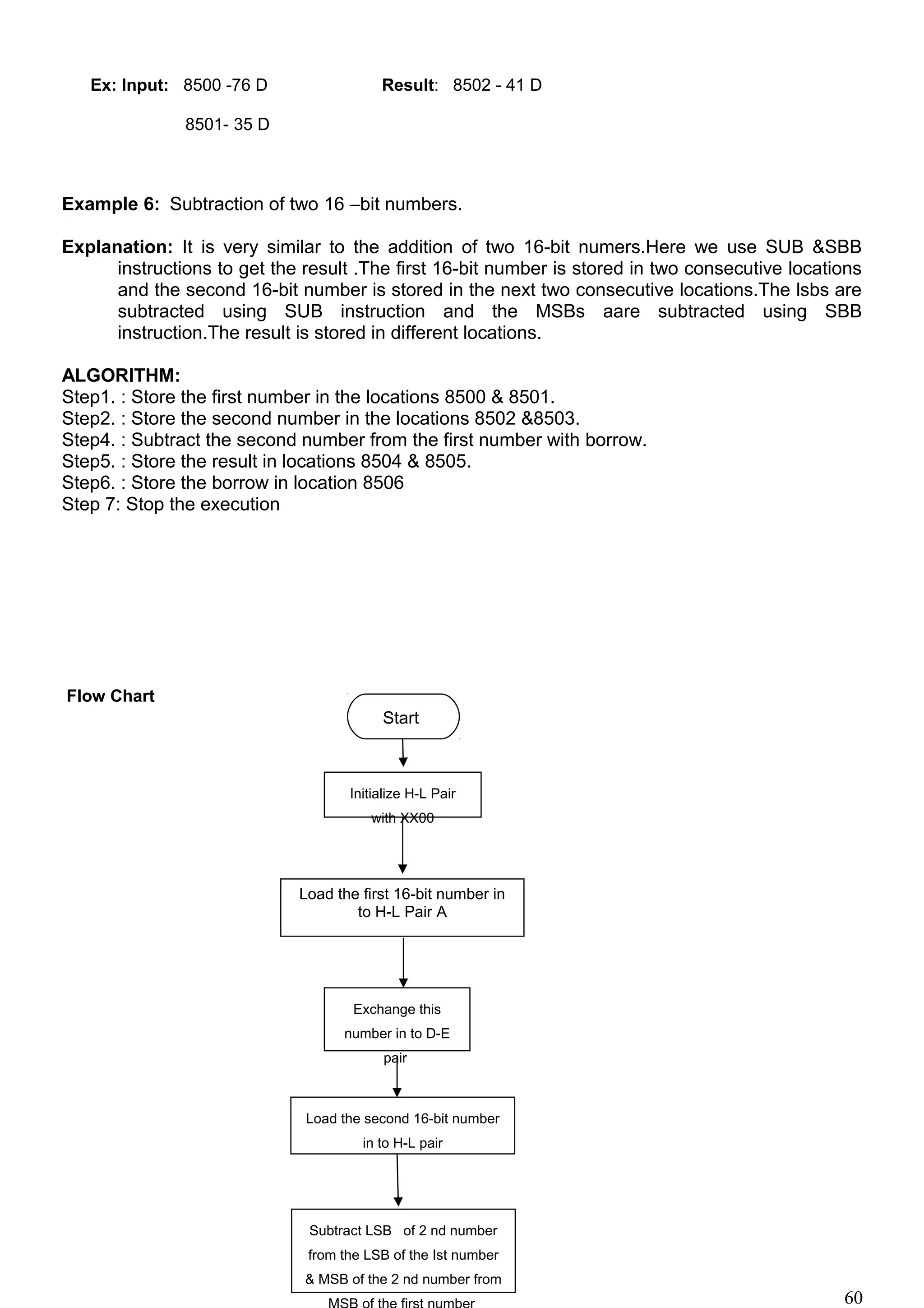 Ex: Input: 8500 -76 D Result: 8502 - 41 D
8501- 35 D
Example 6: Subtraction of two 16 –bit numbers.
Explanation: It is very similar to the addition of two 16-bit numers.Here we use SUB &SBB
instructions to get the result .The first 16-bit number is stored in two consecutive locations
and the second 16-bit number is stored in the next two consecutive locations.The lsbs are
subtracted using SUB instruction and the MSBs aare subtracted using SBB
instruction.The result is stored in different locations.
ALGORITHM:
Step1. : Store the first number in the locations 8500 & 8501.
Step2. : Store the second number in the locations 8502 &8503.
Step4. : Subtract the second number from the first number with borrow.
Step5. : Store the result in locations 8504 & 8505.
Step6. : Store the borrow in location 8506
Step 7: Stop the execution
Flow Chart
60
Initialize H-L Pair
with XX00
Load the first 16-bit number in
to H-L Pair A
Exchange this
number in to D-E
pair
Load the second 16-bit number
in to H-L pair
Subtract LSB of 2 nd number
from the LSB of the Ist number
& MSB of the 2 nd number from
Start
 