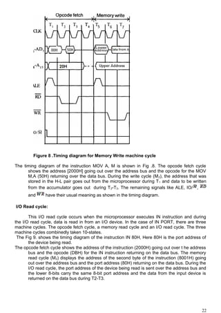 Figure 8 .Timing diagram for Memory Write machine cycle
The timing diagram of the instruction MOV A, M is shown in Fig .8. The opcode fetch cycle
shows the address [2000H] going out over the address bus and the opcode for the MOV
M,A (50H) returning over the data bus. During the write cycle (M2), the address that was
stored in the H-L pair goes out from the microprocessor during T1 and data to be written
from the accumulator goes out during T2-T3. The remaining signals like ALE, IO/ ,
and have their usual meaning as shown in the timing diagram.
I/O Read cycle:
This I/O read cycle occurs when the microprocessor executes IN instruction and during
the I/O read cycle, data is read in from an I/O device. In the case of IN PORT, there are three
machine cycles. The opcode fetch cycle, a memory read cycle and an I/O read cycle. The three
machine cycles combinedly taken 10-states.
The Fig 9. shows the timing diagram of the instruction IN 80H, Here 80H is the port address of
the device being read.
The opcode fetch cycle shows the address of the instruction (2000H) going out over t he address
bus and the opcode (DBH) for the IN instruction returning on the data bus. The memory
read cycle (M2) displays the address of the second byte of the instruction (8001H) going
out over the address bus and the port address (80H) returning on the data bus. During the
I/O read cycle, the port address of the device being read is sent over the address bus and
the lower 8-bits carry the same 8-bit port address and the data from the input device is
returned on the data bus during T2-T3.
22
 
