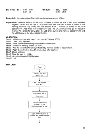 Ex: Input: Ex : 8500 – 97 H RESULT: 8502 – 32 H
8501 – 98H 8503 -- 01 H
Example 3: Decimal addition of two 8-bit numbers whose sum is 16 bits.
Explanation: Decimal addition of two 8-bit numbers is same as that of two 8-bit numbers
program. Except that the use of DAA instruction. The first 8-bit number is stored in one
memory location (say 8500) and the second 8-bit number is stored in the next
location(8501).Add these two numbers and use the DAA instruction to get the result in
decimal. Also check for carry. Store the LSB of the sum in one memory location(8502) and
the MSB (carry) in the other location(8503).
ALGORITHM:
Step1. : Initialize H-L pair with memory address XXXX (say: 8500).
Step2. : Clear Carry register C.
Step3. : Move contents of memory location M to accumulator.
Step4. : Increment memory pointer (i.e. 8501).
Step5. : Add the contents of memory indicated by memory pointer to accumulator.
Step6. : Apply the instruction DAA(Decimal adjust after addition)
Step7: Check for Carry
Step8: Store the sum in XX02.
Step9: Store the Carry in XX03 location
Step10: Halt
Flow Chart
51
Initialise H-L Pair
with XX00
Clear Carry register
(00) C
Add contents of M to
Accumulator
# Increment memory
pointer(XX01) &
# Add contents of M to A
Start
Apply DAA instruction to
convert Hex data to decimal
form
 