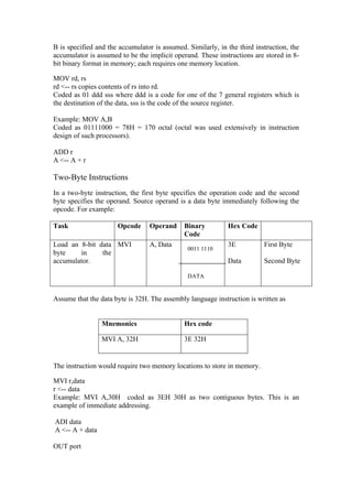 B is specified and the accumulator is assumed. Similarly, in the third instruction, the
accumulator is assumed to be the implicit operand. These instructions are stored in 8-
bit binary format in memory; each requires one memory location.

MOV rd, rs
rd <-- rs copies contents of rs into rd.
Coded as 01 ddd sss where ddd is a code for one of the 7 general registers which is
the destination of the data, sss is the code of the source register.

Example: MOV A,B
Coded as 01111000 = 78H = 170 octal (octal was used extensively in instruction
design of such processors).

ADD r
A <-- A + r

Two-Byte Instructions
In a two-byte instruction, the first byte specifies the operation code and the second
byte specifies the operand. Source operand is a data byte immediately following the
opcode. For example:

Task                  Opcode      Operand     Binary         Hex Code
                                              Code
Load an 8-bit data MVI            A, Data                    3E           First Byte
                                               0011 1110
byte    in     the
accumulator.                                                 Data         Second Byte

                                               DATA


Assume that the data byte is 32H. The assembly language instruction is written as


                 Mnemonics                    Hex code

                 MVI A, 32H                   3E 32H


The instruction would require two memory locations to store in memory.

MVI r,data
r <-- data
Example: MVI A,30H coded as 3EH 30H as two contiguous bytes. This is an
example of immediate addressing.

ADI data
A <-- A + data

OUT port
 