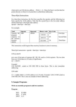 where port is an 8-bit device address. (Port) <-- A. Since the byte is not the data but
points directly to where it is located this is called direct addressing.

Three-Byte Instructions

In a three-byte instruction, the first byte specifies the opcode, and the following two
bytes specify the 16-bit address. Note that the second byte is the low-order address
and the third byte is the high-order address.
opcode + data byte + data byte

For example:

Task         Opcode            Operand        Binary code     Hex Code
Transfer the JMP               2085H                          C3             First byte
program                                        1100 0011
sequence to                                                   85             Second Byte
                                               1000 0101
the memory
location                                       0010 0000      20             Third Byte
2085H.

This instruction would require three memory locations to store in memory.


Three byte instructions - opcode + data byte + data byte

LXI rp, data16

rp is one of the pairs of registers BC, DE, HL used as 16-bit registers. The two data
bytes are 16-bit data in L H order of significance.
rp <-- data16

Example:
LXI H,0520H       coded as 21H 20H 50H in three bytes. This is also immediate
addressing.

LDA addr

A <-- (addr) Addr is a 16-bit address in L H order. Example: LDA 2134H coded as
3AH 34H 21H. This is also an example of direct addressing.


9. Sample Programs
Write an assembly program to add two numbers

Program

       MVI       D, 8BH
       MVI       C, 6FH
       MOV       A, C
 