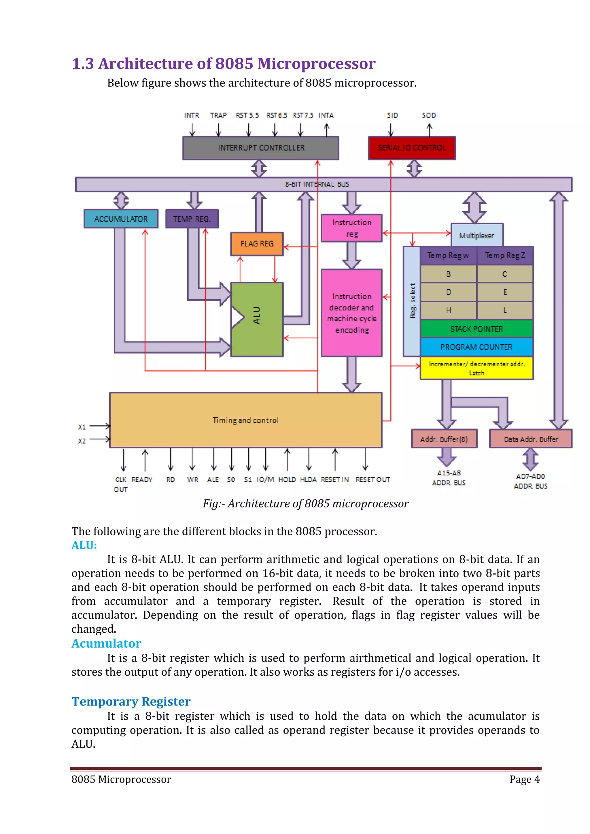 8085 Microprocessor Page 4
1.3 Architecture of 8085 Microprocessor
Below figure shows the architecture of 8085 microprocessor.
Fig:- Architecture of 8085 microprocessor
The following are the different blocks in the 8085 processor.
ALU:
It is 8-bit ALU. It can perform arithmetic and logical operations on 8-bit data. If an
operation needs to be performed on 16-bit data, it needs to be broken into two 8-bit parts
and each 8-bit operation should be performed on each 8-bit data. It takes operand inputs
from accumulator and a temporary register. Result of the operation is stored in
accumulator. Depending on the result of operation, flags in flag register values will be
changed.
Acumulator
It is a 8-bit register which is used to perform airthmetical and logical operation. It
stores the output of any operation. It also works as registers for i/o accesses.
Temporary Register
It is a 8-bit register which is used to hold the data on which the acumulator is
computing operation. It is also called as operand register because it provides operands to
ALU.
 