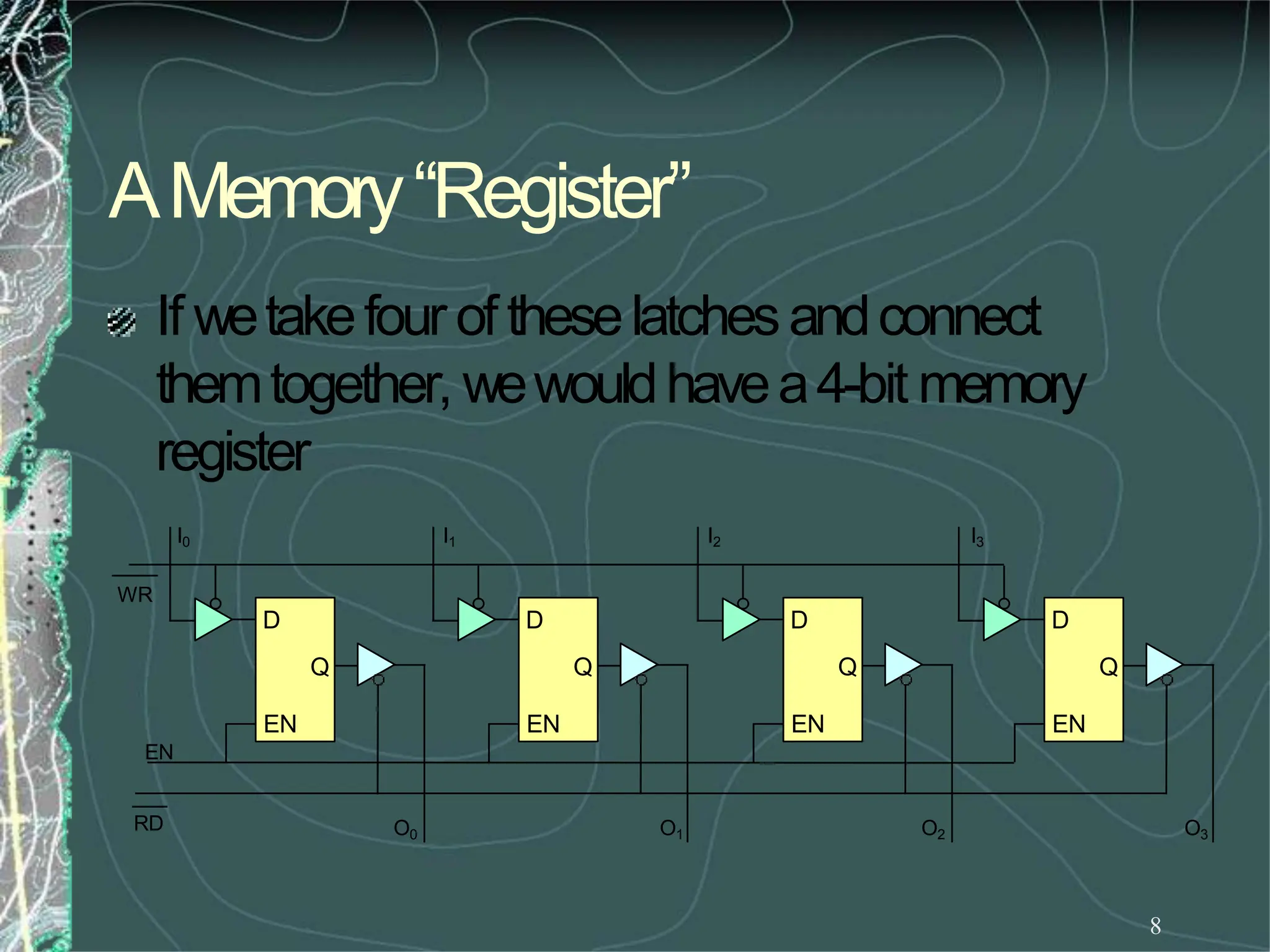 AMemory“Register”
8
RD
EN
Q
D
EN
Q
D
EN
Q
D
EN
Q
D
EN
If wetakefour oftheselatchesandconnect
themtogether, wewouldhavea4-bit memory
register
I0 I1 I2 I3
WR
O0 O1 O2 O3
 