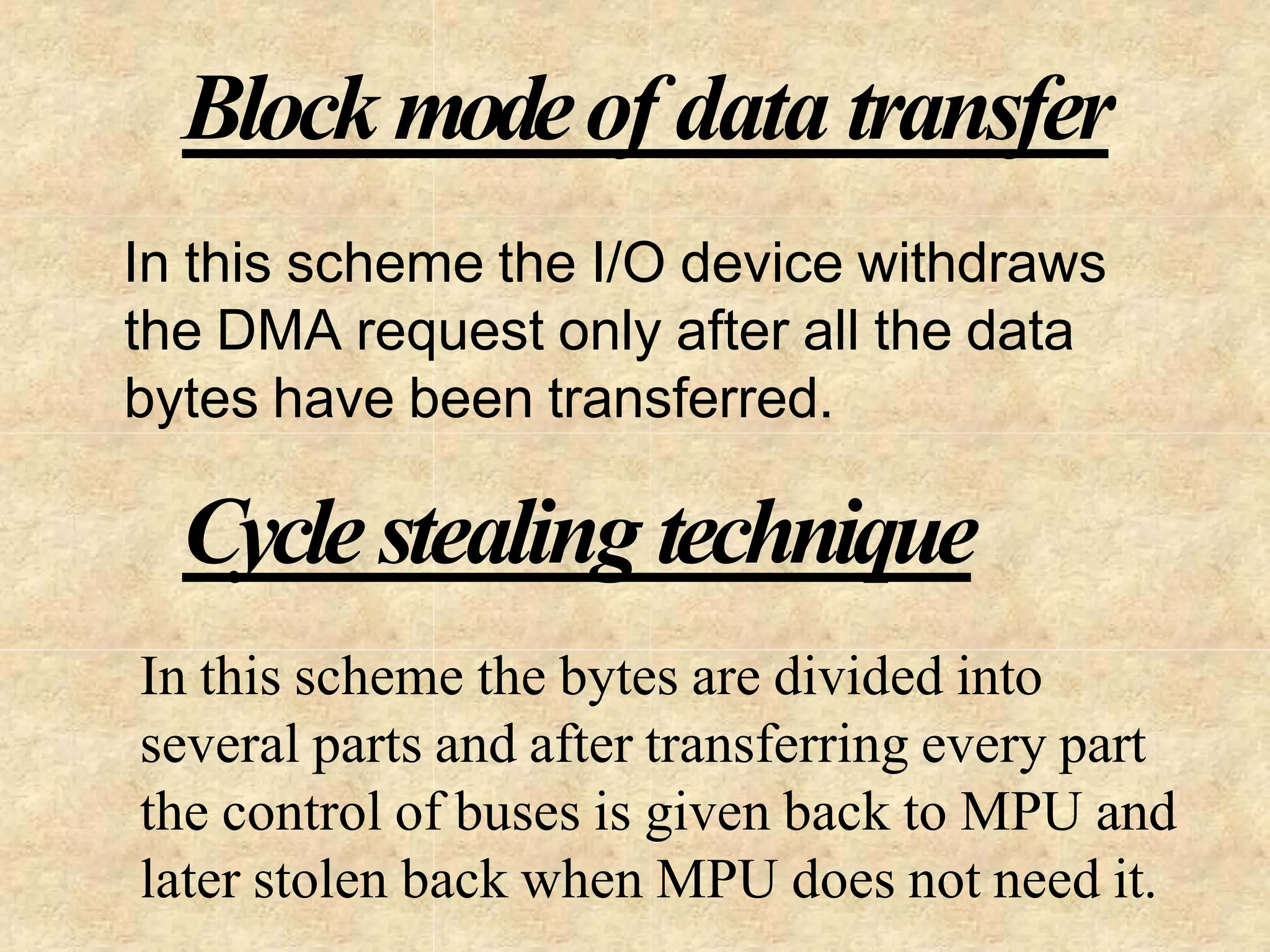 Blockmodeof data transfer
In this scheme the I/O device withdraws
the DMA request only after all the data
bytes have been transferred.
Cyclestealing technique
In this scheme the bytes are divided into
several parts and after transferring every part
the control of buses is given back to MPU and
later stolen back when MPU does not need it.
 