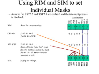 SDO
SDE
XXX
R7.5
MSE
M7.5
M6.5
M5.5
0 0 0
0
0
0
0 1
Using RIM and SIM to set
Individual Masks
– Assume the RST5.5 and RST7.5 are enabled and the interrupt process
is disabled.
RIM ; Read the current settings.
ORI 08H ; 0 0 0 0 1 0 0 0
; Set bit 4 for MSE.
ANI 0DH ; 0 0 0 0 1 1 0 1
; Turn off Serial Data, Don’t reset
; RST7.5 flip flop, and set the mask
; for RST6.5 off. Don’t cares are
; assumed to be 0.
SIM ; Apply the settings.
Accumulator
SDI
P7.5
P6.5
P5.5
IE
M7.5
M6.5
M5.5
0 0 0 0 0 0 1 0
1 0
0 0 0 0 1 0
0 0 0 0 1 0 0 0
 