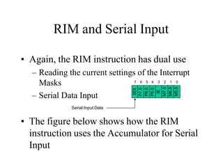 RIM and Serial Input
• Again, the RIM instruction has dual use
– Reading the current settings of the Interrupt
Masks
– Serial Data Input
Serial Input Data
• The figure below shows how the RIM
instruction uses the Accumulator for Serial
Input
SDI
P7.5
P6.5
P5.5
IE
M7.5
M6.5
M5.5
7 6 5 4 3 2 1 0
 
