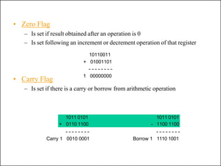 • Carry Flag
– Is set if there is a carry or borrow from arithmetic operation
• Zero Flag
– Is set if result obtained after an operation is 0
– Is set following an increment or decrement operation of that register
10110011
+ 01001101
1 00000000
Carry 1 0010 0001
1011 0101 1011 0101
+ 0110 1100 - 1100 1100
Borrow 1 1110 1001
 