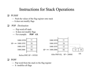 Instructions for Stack Operations
 PUSHF
— Push the values of the flag register onto stack
— It does not modify flags
 POP Destination
— Pop word off stack
— It does not modify flags
— For example: POP AX
??
34
12
EC
1000:1FFD
1000:1FFE
1000:1FFF
1000:2000
1000:1FFE
1000:1FFF
1000:2000
1000:1FFD ??
34
12
EC
SP
SP
Before POP, SP = 1FFEH After POPAX, SP = 2000H AX
12 34
 POPF
— Pop word from the stack to the flag register
— It modifies all flags
 