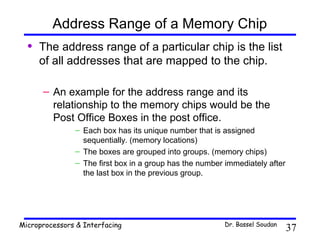 Address Range of a Memory Chip
  •   The address range of a particular chip is the list
      of all addresses that are mapped to the chip.

      – An example for the address range and its
        relationship to the memory chips would be the
        Post Office Boxes in the post office.
               – Each box has its unique number that is assigned
                 sequentially. (memory locations)
               – The boxes are grouped into groups. (memory chips)
               – The first box in a group has the number immediately after
                 the last box in the previous group.




Microprocessors & Interfacing                           Dr. Bassel Soudan
                                                                             37
 