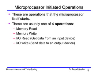 Microprocessor Initiated Operations
  •   These are operations that the microprocessor
      itself starts.
  •   These are usually one of 4 operations:
      –   Memory Read
      –   Memory Write
      –   I/O Read (Get data from an input device)
      –   I/O write (Send data to an output device)




Microprocessors & Interfacing                 Dr. Bassel Soudan
                                                                  8
 