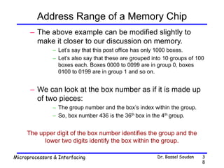 Dr. Bassel Soudan
Microprocessors & Interfacing 3
8
Address Range of a Memory Chip
– The above example can be modified slightly to
make it closer to our discussion on memory.
– Let’s say that this post office has only 1000 boxes.
– Let’s also say that these are grouped into 10 groups of 100
boxes each. Boxes 0000 to 0099 are in group 0, boxes
0100 to 0199 are in group 1 and so on.
– We can look at the box number as if it is made up
of two pieces:
– The group number and the box’s index within the group.
– So, box number 436 is the 36th box in the 4th group.
The upper digit of the box number identifies the group and the
lower two digits identify the box within the group.
 