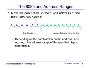 Dr. Bassel Soudan
Microprocessors & Interfacing 4
0
The 8085 and Address Ranges
• Now, we can break up the 16-bit address of the
8085 into two pieces:
A15 A14 A13 A12 A11 A10 A9 A8 A7 A6 A5 A4 A3 A2 A1 A0
– Depending on the combination on the address lines
A15 - A10 , the address range of the specified chip is
determined.
Location Selection within the Chip
Chip Selection
 