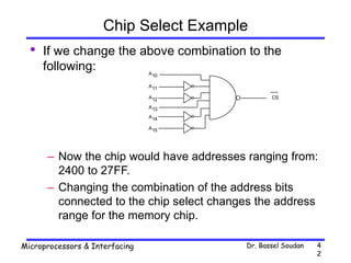 Dr. Bassel Soudan
Microprocessors & Interfacing 4
2
Chip Select Example
• If we change the above combination to the
following:
– Now the chip would have addresses ranging from:
2400 to 27FF.
– Changing the combination of the address bits
connected to the chip select changes the address
range for the memory chip.
CS
A10
A11
A12
A13
A14
A15
 