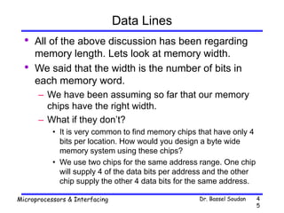 Dr. Bassel Soudan
Microprocessors & Interfacing 4
5
Data Lines
• All of the above discussion has been regarding
memory length. Lets look at memory width.
• We said that the width is the number of bits in
each memory word.
– We have been assuming so far that our memory
chips have the right width.
– What if they don’t?
• It is very common to find memory chips that have only 4
bits per location. How would you design a byte wide
memory system using these chips?
• We use two chips for the same address range. One chip
will supply 4 of the data bits per address and the other
chip supply the other 4 data bits for the same address.
 