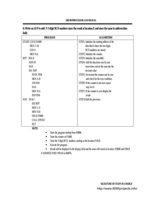 MICROPROCESSOR LAB MANUAL
SIGNATURE OF STAFF-IN-CHARGE
6. Write an ALP to add N 2-digit BCD numbers store the result at location X and store the same in address/data
field.
PROGRAM ALGORITHM
START: LXI H,F100H
MOV C,M
SUB A
MOV B,A
RPT: INX H
ADD M
DAA
JNC NOF
PUSH PSW
MOV A,B
ADI 01H
DAA
MOV B,A
POP PSW
NOF: DCR C
JNZ RPT
MOV L,A
MOV H,B
SHLD F200H
CALL UPDAD
HLT
STEP1. Initialize the starting address of the
data block where the two digits
BCD numbers are stored.
STEP2. Initialize the counter.
STEP3. Initialize the sum 00H.
STEP4. Add the data bytes one by one
mean time convert the sum into the
decimal value
STEP5. Decrement the counter one by one
and check for the zero condition.
STEP6. If the counter is not zero repeat
step 4 to 6
STEP7. If the counter is zero display the
result
STEP 8.Halt the processor.
NOTE:
Store the program starting from F000h.
Store the counter at F100H
Store the 2-digit BCD numbers starting at the location F101H
Execute the program.
Result will be displayed in the display field and the same will stored at location F200H and F201H
# ADDRESS FOR UPDAD is 06BFh.
http://www.8085projects.info/
 
