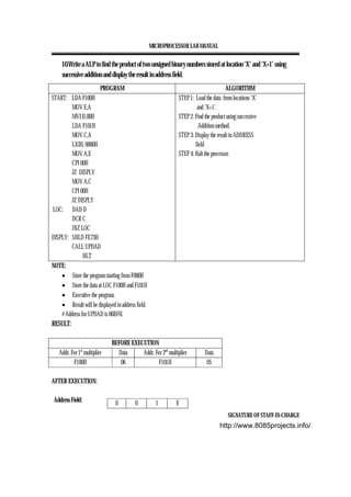 MICROPROCESSOR LAB MANUAL
SIGNATURE OF STAFF-IN-CHARGE
10.Write a ALP to find the product of two unsigned binary numbers stored at location ‘X’ and ‘X+1’ using
successive addition and display the result in address field.
PROGRAM ALGORITHM
START: LDA F100H
MOV E,A
MVI D,00H
LDA F101H
MOV C,A
LXIH, 0000H
MOV A,E
CPI 00H
JZ DISPLY
MOV A,C
CPI 00H
JZ DISPLY
LOC: DAD D
DCR C
JNZ LOC
DISPLY: SHLD FE73H
CALL UPDAD
HLT
STEP 1: Load the data from locations ‘X’
and ‘X+1’.
STEP 2: Find the product using successive
Addition method.
STEP 3: Display the result in ADDRESS
field
STEP 4: Halt the processor.
NOTE:
• Store the program starting from F000H
• Store the data at LOC F100H and F101H
• Executive the program.
• Result will be displayed in address field.
# Address for UPDAD is 06BFH.
RESULT:
BEFORE EXECUTION
Addr. For 1st
multiplier Data Addr. For 2nd
multiplier Data
F100H 06 F101H 05
AFTER EXECUTION:
Address Field: 0 0 1 E
http://www.8085projects.info/
 