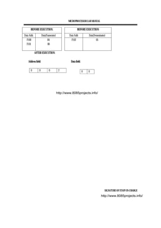 MICROPROCESSOR LAB MANUAL
SIGNATURE OF STAFF-IN-CHARGE
BEFORE EXECUTION: BEFORE EXECUTION
Data Addr. Data(Numerator) Data Addr Data(Denominator)
F100
F101
0A
00
F102 05
AFTER EXECUTION:
Address field: Data field:
0 0 0 2 0 0
http://www.8085projects.info/
http://www.8085projects.info/
 