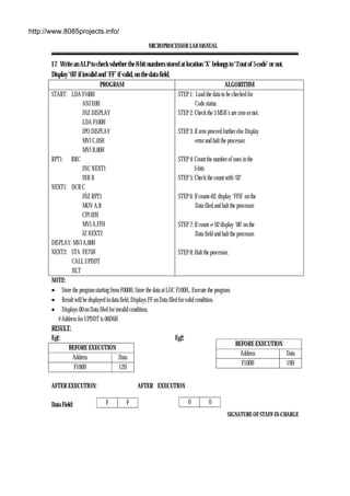 MICROPROCESSOR LAB MANUAL
SIGNATURE OF STAFF-IN-CHARGE
17. Write an ALP to check whether the 8-bit numbers stored at location ‘X’ belongs to ‘2 out of 5 code’ or not.
Display ‘00’ if invalid and ‘FF’ if valid, on the data field.
PROGRAM ALGORITHM
START: LDA F100H
ANI E0H
JNZ DISPLAY
LDA F100H
JPO DISPLAY
MVI C,05H
MVI B,00H
RPT1: RRC
JNC NEXT1
INR B
NEXT1: DCR C
JNZ RPT1
MOV A,B
CPI 02H
MVI A,FFH
JZ NEXT2
DISPLAY: MVI A,00H
NEXT2: STA FE75H
CALL UPDDT
HLT
STEP 1: Load the data to be checked for
Code status.
STEP 2: Check the 3 MSB’s are zero or not.
STEP 3: If zero proceed further else Display
error and halt the processor.
STEP 4: Count the number of ones in the
5-bits
STEP 5: Check the count with ‘02’
STEP 6: If count=02, display ‘FFH’ on the
Data filed and halt the processor.
STEP 7: If count ≠ 02 display ‘00’ on the
Data field and halt the processor.
STEP 8: Halt the processor.
NOTE:
• Store the program starting from F000H, Store the data at LOC F100H., Execute the program.
• Result will be displayed in data field, Displays FF on Data filed for valid condition.
• Displays 00 on Data filed for invalid condition.
# Address for UPDDT is 06D6H
RESULT:
Eg1: Eg2:
BEFORE EXECUTION
Address Data
F100H 12H
AFTER EXECUTION: AFTER EXECUTION
Data Field:
BEFORE EXECUTION
Address Data
F100H 19H
F F 0 0
http://www.8085projects.info/
 