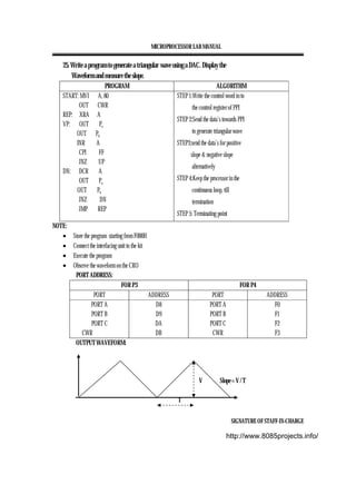 MICROPROCESSOR LAB MANUAL
SIGNATURE OF STAFF-IN-CHARGE
25. Write a program to generate a triangular wave using a DAC. Display the
Waveform and measure the slope.
PROGRAM ALGORITHM
START: MVI A, 80
OUT CWR
REP: XRA A
VP: OUT Pa
OUT Pb
INR A
CPI FF
JNZ UP
DN: DCR A
OUT Pa
OUT Pb
JNZ DN
JMP REP
STEP 1:Write the control word in to
the control register of PPI
STEP 2:Send the data’s towards PPI
to generate triangular wave
STEP3:send the data’s for positive
slope & negative slope
alternatively
STEP 4:Keep the processor in the
continuous loop, till
termination
STEP 5: Terminating point
NOTE:
• Store the program starting from F000H
• Connect the interfacing unit to the kit
• Execute the program
• Observe the waveform on the CRO
PORT ADDRESS:
FOR P3 FOR P4
PORT ADDRESS PORT ADDRESS
PORT A
PORT B
PORT C
CWR
D8
D9
DA
DB
PORT A
PORT B
PORT C
CWR
F0
F1
F2
F3
OUTPUT WAVEFORM:
V Slope = V / T
T
http://www.8085projects.info/
 