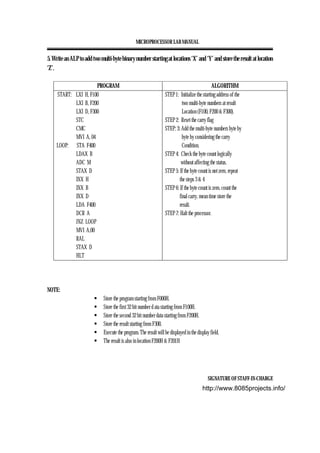 MICROPROCESSOR LAB MANUAL
SIGNATURE OF STAFF-IN-CHARGE
5. Write an ALP to add two multi-byte binary number starting at locations ‘X’ and ‘Y’ and store the result at location
‘Z’.
PROGRAM ALGORITHM
START: LXI H, F100
LXI B, F200
LXI D, F300
STC
CMC
MVI A, 04
LOOP: STA F400
LDAX B
ADC M
STAX D
INX H
INX B
INX D
LDA F400
DCR A
JNZ LOOP
MVI A,00
RAL
STAX D
HLT
STEP 1: Initialize the starting address of the
two multi-byte numbers at result
Location (F100, F200 & F300).
STEP 2: Reset the carry flag
STEP: 3: Add the multi-byte numbers byte by
byte by considering the carry
Condition.
STEP 4: Check the byte count logically
without affecting the status.
STEP 5: If the byte count is not zero, repeat
the steps 3 & 4
STEP 6: If the byte count is zero, count the
final carry, mean time store the
result.
STEP 7: Halt the processor.
NOTE:
Store the program starting from F000H.
Store the first 32 bit number d ata starting from F100H.
Store the second 32 bit number data starting from F200H.
Store the result starting from F300.
Execute the program. The result will be displayed in the display field.
The result is also in location F200H & F201H
http://www.8085projects.info/
 
