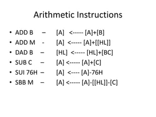 Arithmetic Instructions
• ADD B – [A] <----- [A]+[B]
• ADD M - [A] <----- [A]+[[HL]]
• DAD B – [HL] <----- [HL]+[BC]
• SUB C – [A] <----- [A]+[C]
• SUI 76H – [A] <---- [A]-76H
• SBB M – [A] <----- [A]-[[HL]]-[C]
 