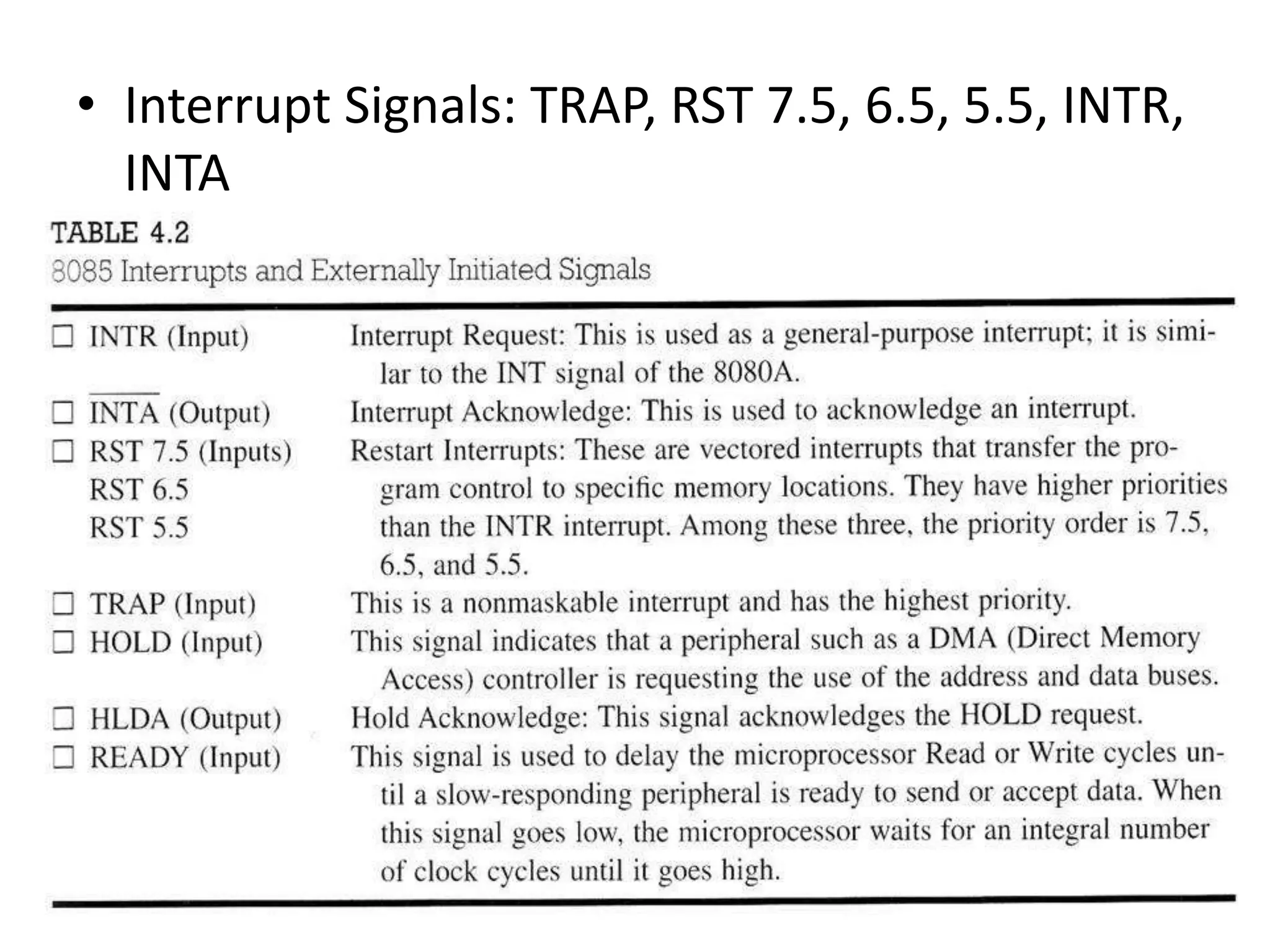 • Interrupt Signals: TRAP, RST 7.5, 6.5, 5.5, INTR,
INTA
 