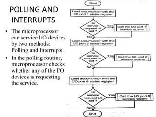 POLLING AND
INTERRUPTS
• The microprocessor
can service I/O devices
by two methods:
Polling and Interrupts.
• In the polling routine,
microprocessor checks
whether any of the I/O
devices is requesting
the service.
 