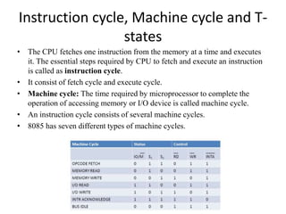 Instruction cycle, Machine cycle and T-
states
• The CPU fetches one instruction from the memory at a time and executes
it. The essential steps required by CPU to fetch and execute an instruction
is called as instruction cycle.
• It consist of fetch cycle and execute cycle.
• Machine cycle: The time required by microprocessor to complete the
operation of accessing memory or I/O device is called machine cycle.
• An instruction cycle consists of several machine cycles.
• 8085 has seven different types of machine cycles.
 
