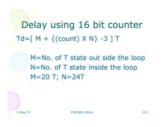 1-Aug-13 Prof.Nitin Ahire 121
Delay using 16 bit counterDelay using 16 bit counter
Td=[ M + {(count) X N} -3 ] T
M=No. of T state out side the loop
N=No. of T state inside the loop
M=20 T; N=24T
 