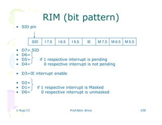 1-Aug-13 Prof.Nitin Ahire 158
RIM (bit pattern)RIM (bit pattern)
• SID pin
• D7= SID
• D6=
• D5= if 1 respective interrupt is pending
• D4= 0 respective interrupt is not pending
• D3=IE interrupt enable
• D2=
• D1= if 1 respective interrupt is Masked
• D0= 0 respective interrupt is unmasked
SID I 7.5 M 6.5M 7.5IEI 5.5I 6.5 M 5.5
 
