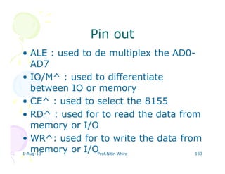 1-Aug-13 Prof.Nitin Ahire 163
Pin outPin out
• ALE : used to de multiplex the AD0-
AD7
• IO/M^ : used to differentiate
between IO or memory
• CE^ : used to select the 8155
• RD^ : used for to read the data from
memory or I/O
• WR^: used for to write the data from
memory or I/O
 