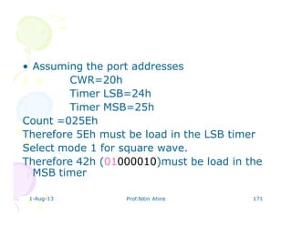 1-Aug-13 Prof.Nitin Ahire 171
• Assuming the port addresses
CWR=20h
Timer LSB=24h
Timer MSB=25h
Count =025Eh
Therefore 5Eh must be load in the LSB timer
Select mode 1 for square wave.
Therefore 42h (01000010)must be load in the
MSB timer
 