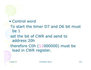 1-Aug-13 Prof.Nitin Ahire 172
• Control word
To start the timer D7 and D6 bit must
be 1
set the bit of CWR and send to
address 20h
therefore C0h (11000000) must be
load in CWR register.
 