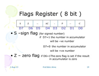 1-Aug-13 Prof.Nitin Ahire 19
Flags Register ( 8 bit )Flags Register ( 8 bit )
D7 D6 D5 D4 D3 D2 D1 D0
• S –sign flag (for signed number)
if D7=1 the number in accumulator
will be –ve number
D7=0 the number in accumulator
will be +ve number
• Z – zero flag if D6=1The zero flag is set if the result
in accumulator is zero
S Z -- AC - P -- C
 