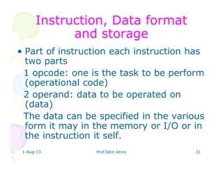 1-Aug-13 Prof.Nitin Ahire 31
Instruction, Data formatInstruction, Data format
and storageand storage
• Part of instruction each instruction has
two parts
1 opcode: one is the task to be perform
(operational code)
2 operand: data to be operated on
(data)
The data can be specified in the various
form it may in the memory or I/O or in
the instruction it self.
 