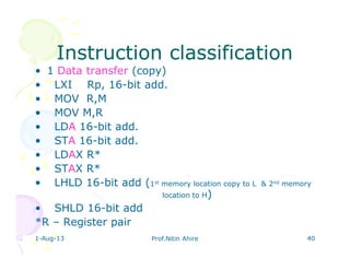 1-Aug-13 Prof.Nitin Ahire 40
Instruction classificationInstruction classification
• 1 Data transfer (copy)
• LXI Rp, 16-bit add.
• MOV R,M
• MOV M,R
• LDA 16-bit add.
• STA 16-bit add.
• LDAX R*
• STAX R*
• LHLD 16-bit add (1st memory location copy to L & 2nd memory
location to H)
• SHLD 16-bit add
*R – Register pair
 