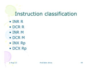 1-Aug-13 Prof.Nitin Ahire 44
Instruction classificationInstruction classification
• INR R
• DCR R
• INR M
• DCR M
• INX Rp
• DCX Rp
 