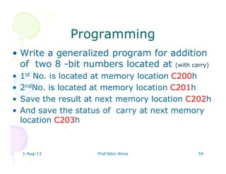 ProgrammingProgramming
• Write a generalized program for addition
of two 8 -bit numbers located at (with carry)
• 1st No. is located at memory location C200h
• 2ndNo. is located at memory location C201h
• Save the result at next memory location C202h
• And save the status of carry at next memory
location C203h
1-Aug-13 Prof.Nitin Ahire 54
 